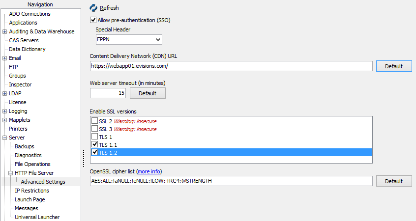 Advanced screen showing Allow pre-authentication, CDN URL, web server timeout, list of enabled SSL versions, and the OpenSSL cipher list.